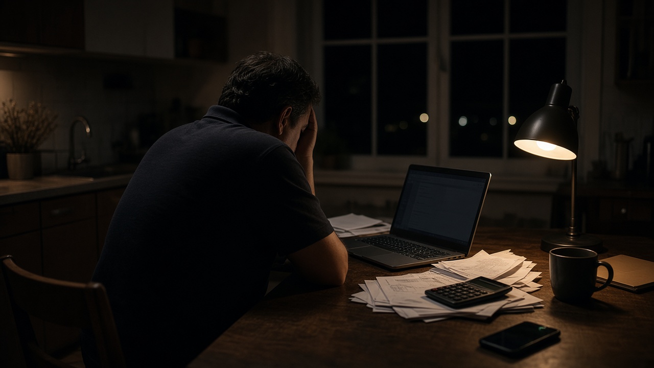 Mover at a kitchen table late at night with lead invoices and a laptop.